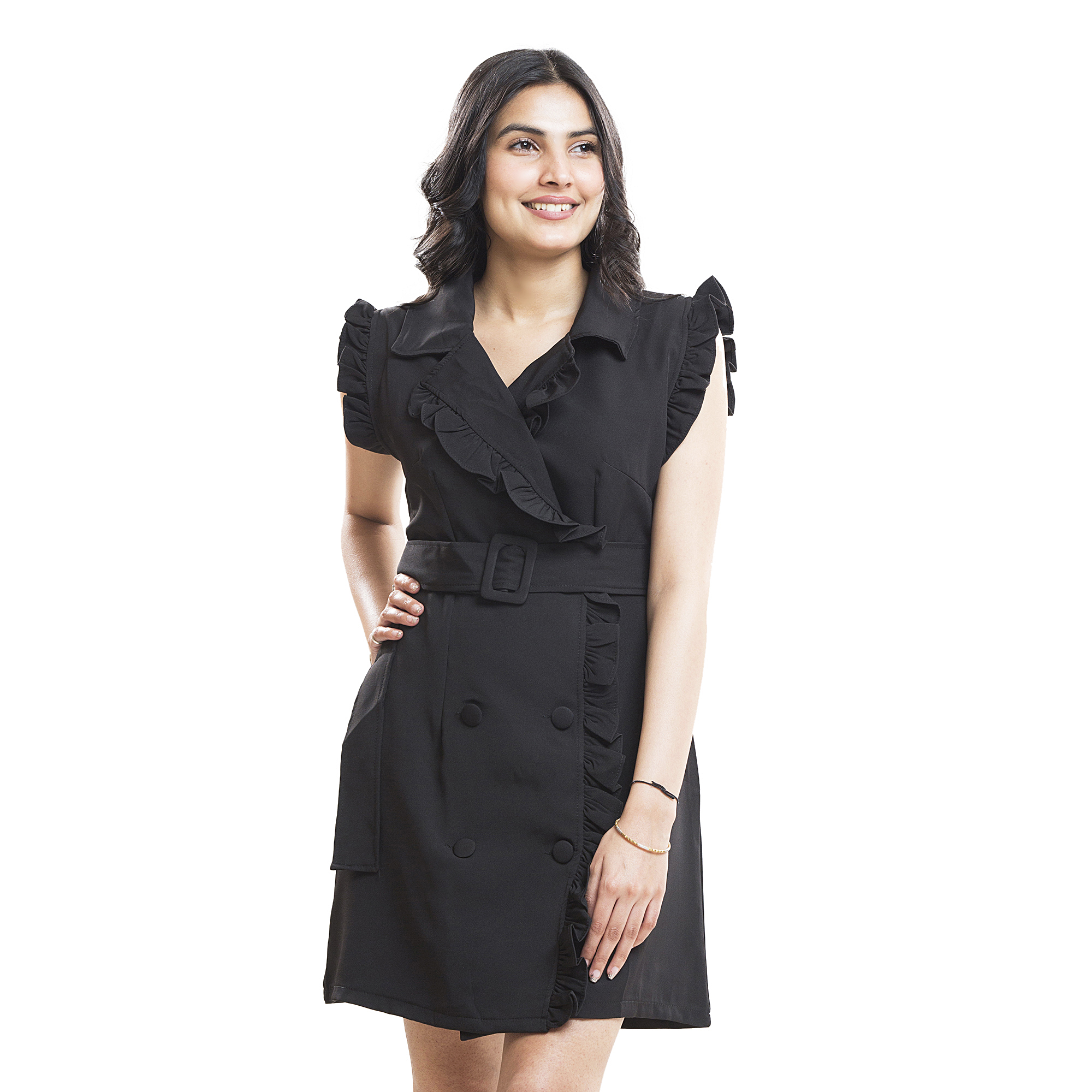 Women Black Blazer Dress | Ruffle Detail Belted Mini Dress for Women | Formal, Party & Evening Wear | Stylish Sleeveless Wrap Dress for Girls