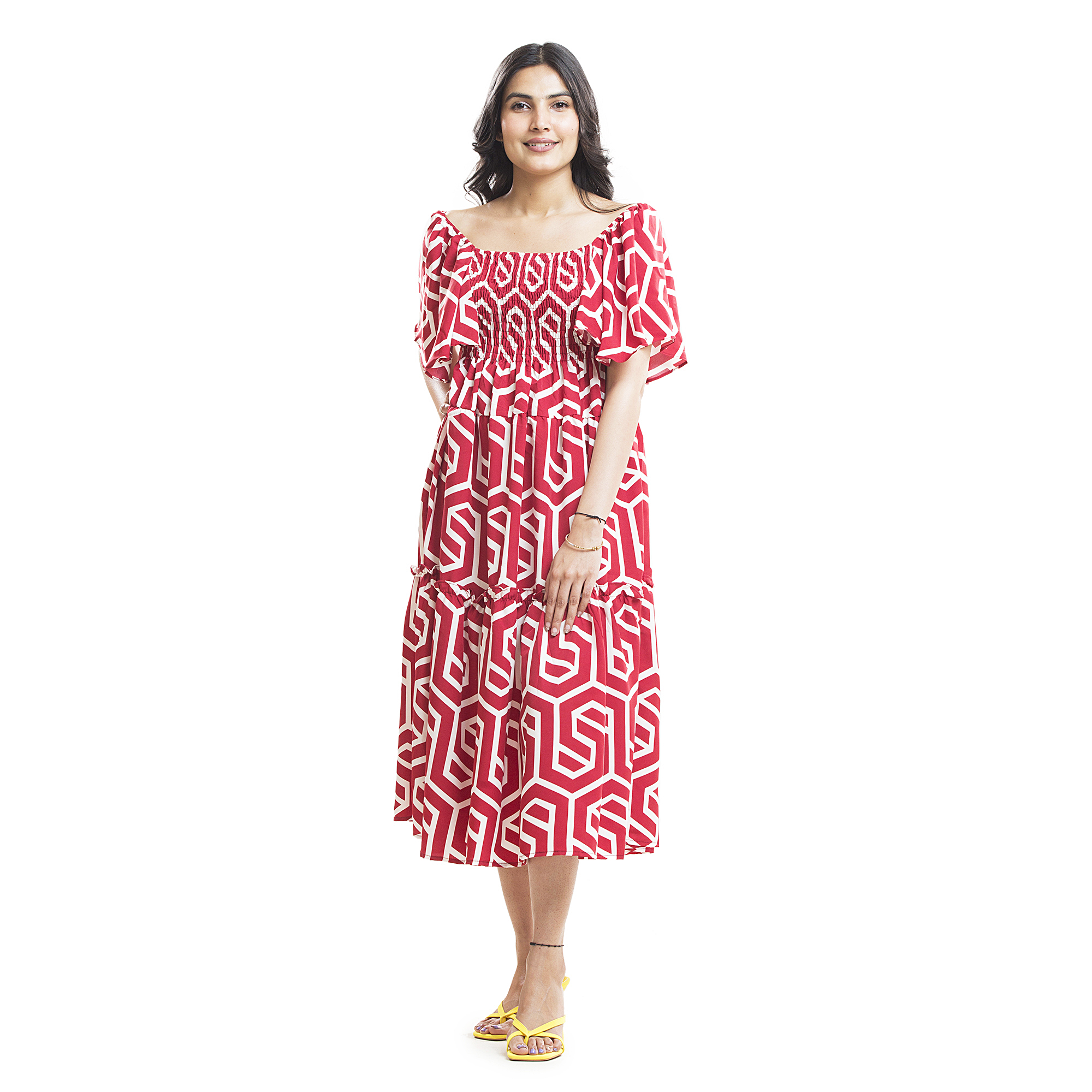 Women Printed Midi Dress | Off Shoulder Smocked Dress for Women | Casual Summer Dress with Puff Sleeves | Stylish Flowy A-Line Dress for Girls