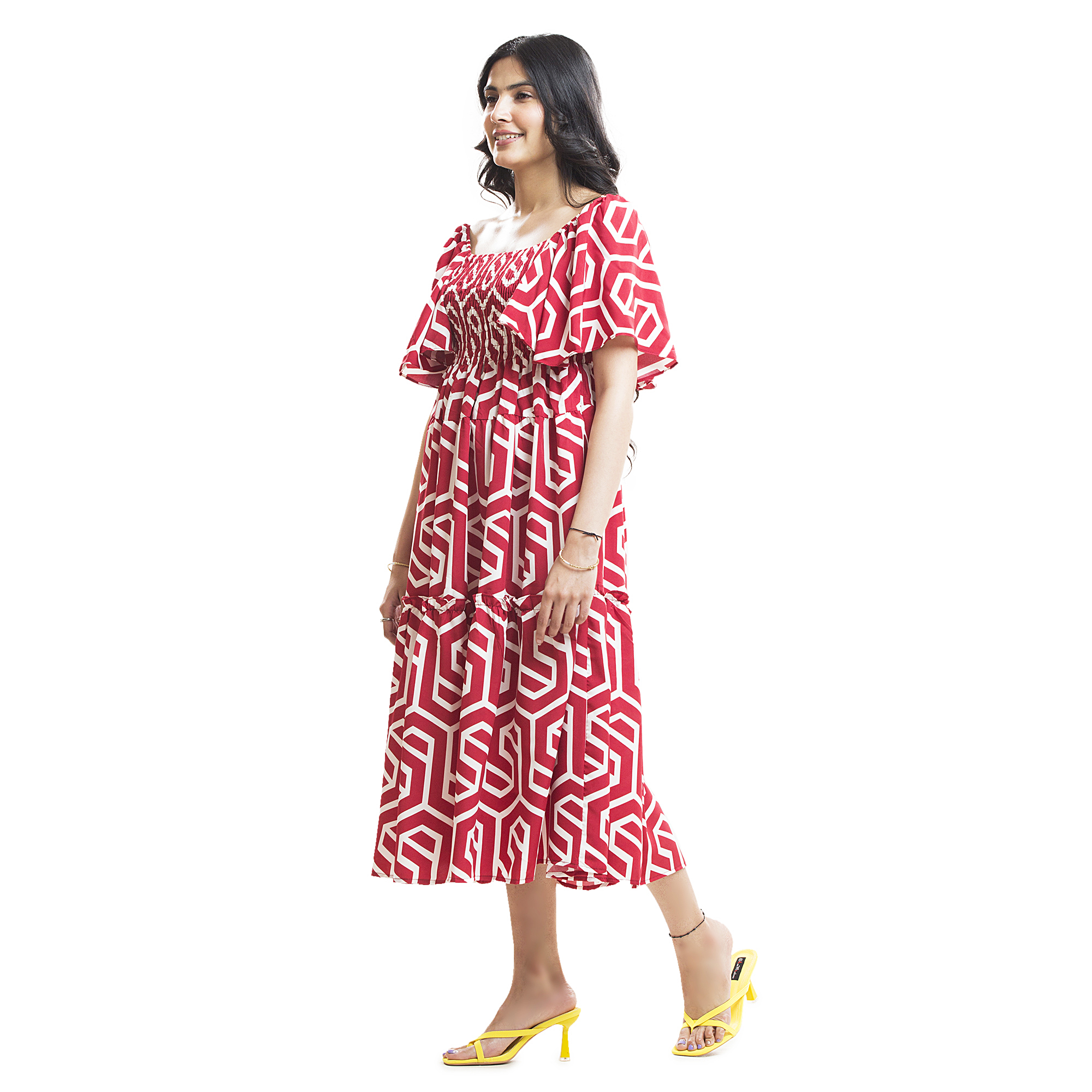 Women Printed Midi Dress | Off Shoulder Smocked Dress for Women | Casual Summer Dress with Puff Sleeves | Stylish Flowy A-Line Dress for Girls