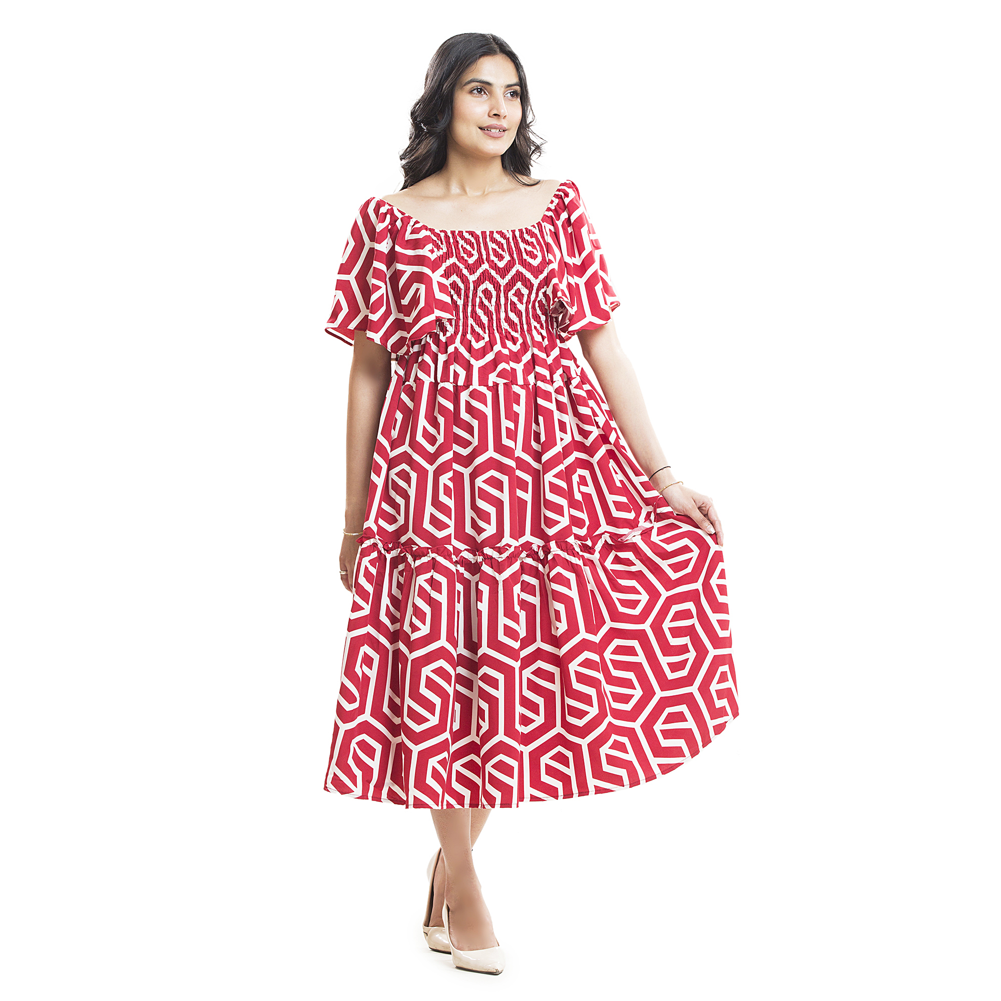 Women Printed Midi Dress | Off Shoulder Smocked Dress for Women | Casual Summer Dress with Puff Sleeves | Stylish Flowy A-Line Dress for Girls