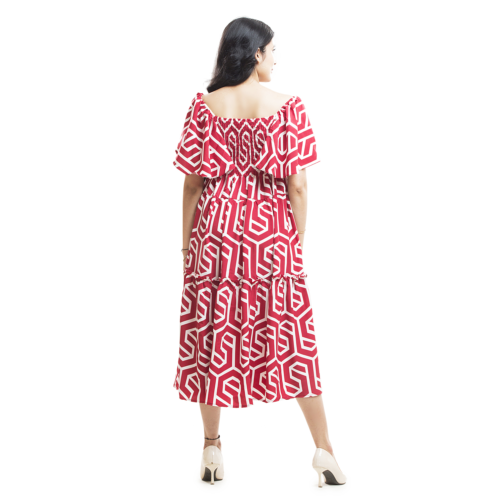 Women Printed Midi Dress | Off Shoulder Smocked Dress for Women | Casual Summer Dress with Puff Sleeves | Stylish Flowy A-Line Dress for Girls