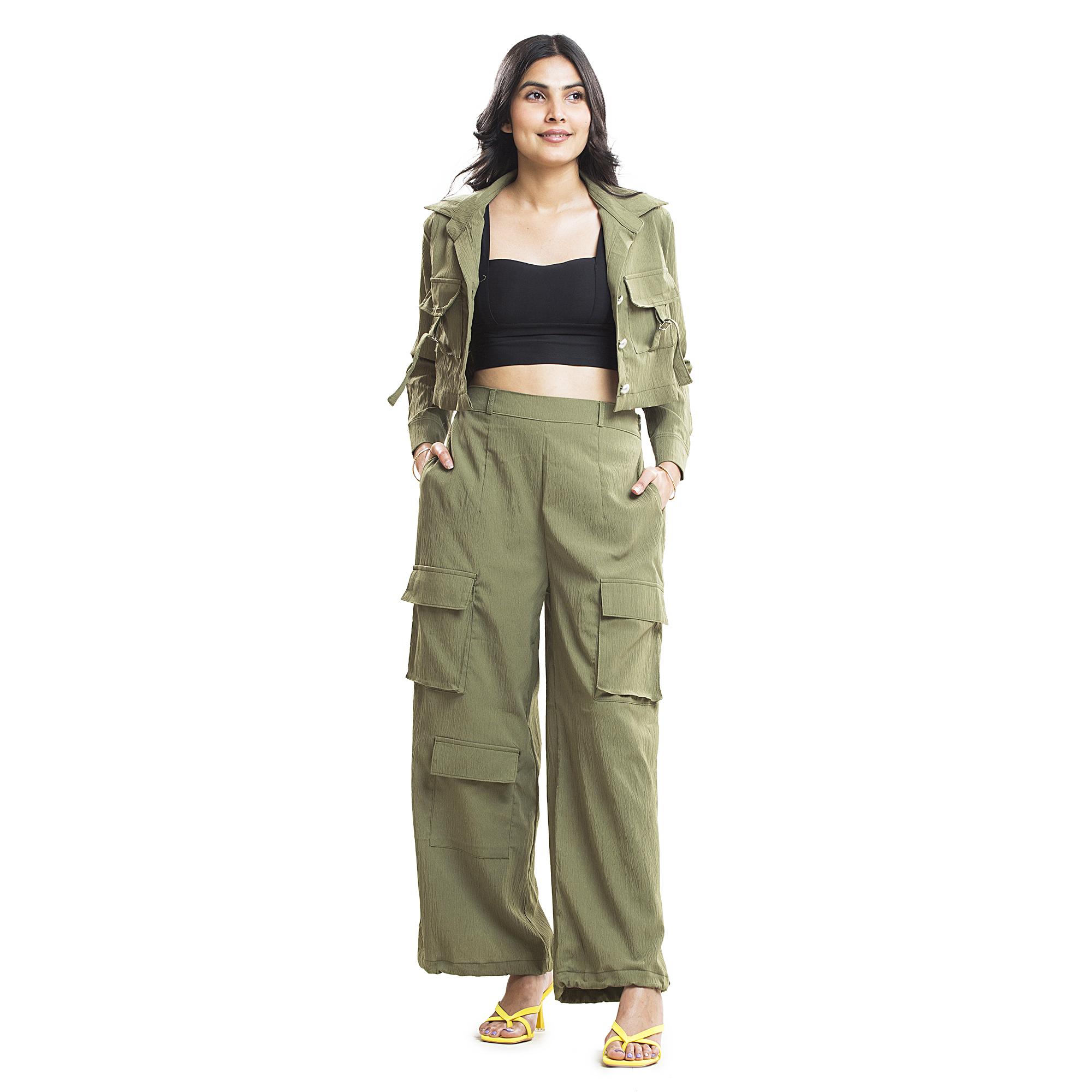 Women Cargo Co-Ord Set | Crop Jacket & High Waist Cargo Pants Set for Women | Casual Wear, Travel Outfit & Streetwear | Trendy Two Piece Outfit for Girls