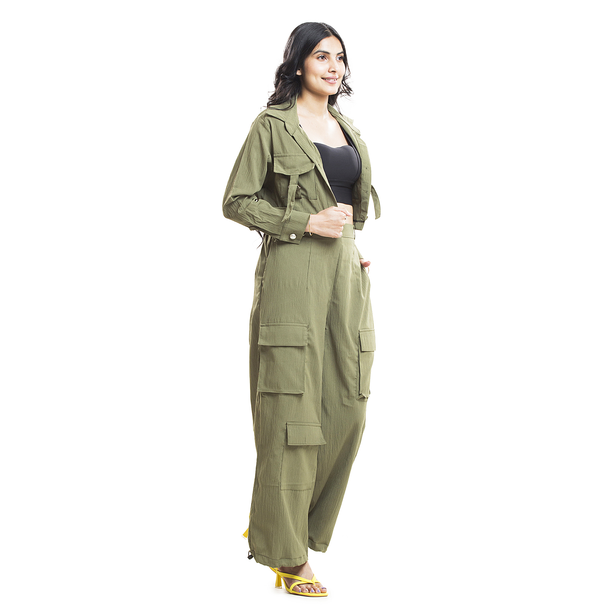 Women Cargo Co-Ord Set | Crop Jacket & High Waist Cargo Pants Set for Women | Casual Wear, Travel Outfit & Streetwear | Trendy Two Piece Outfit for Girls