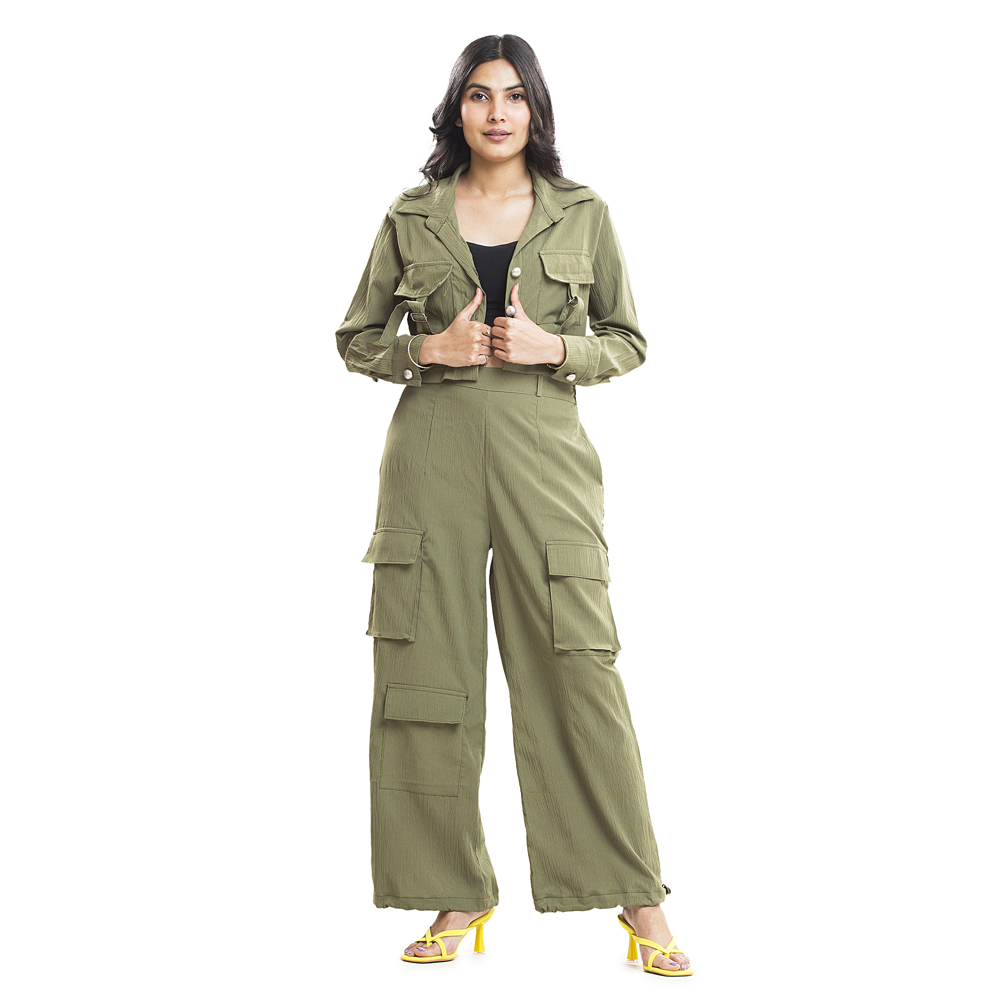 Women Cargo Co-Ord Set | Crop Jacket & High Waist Cargo Pants Set for Women | Casual Wear, Travel Outfit & Streetwear | Trendy Two Piece Outfit for Girls
