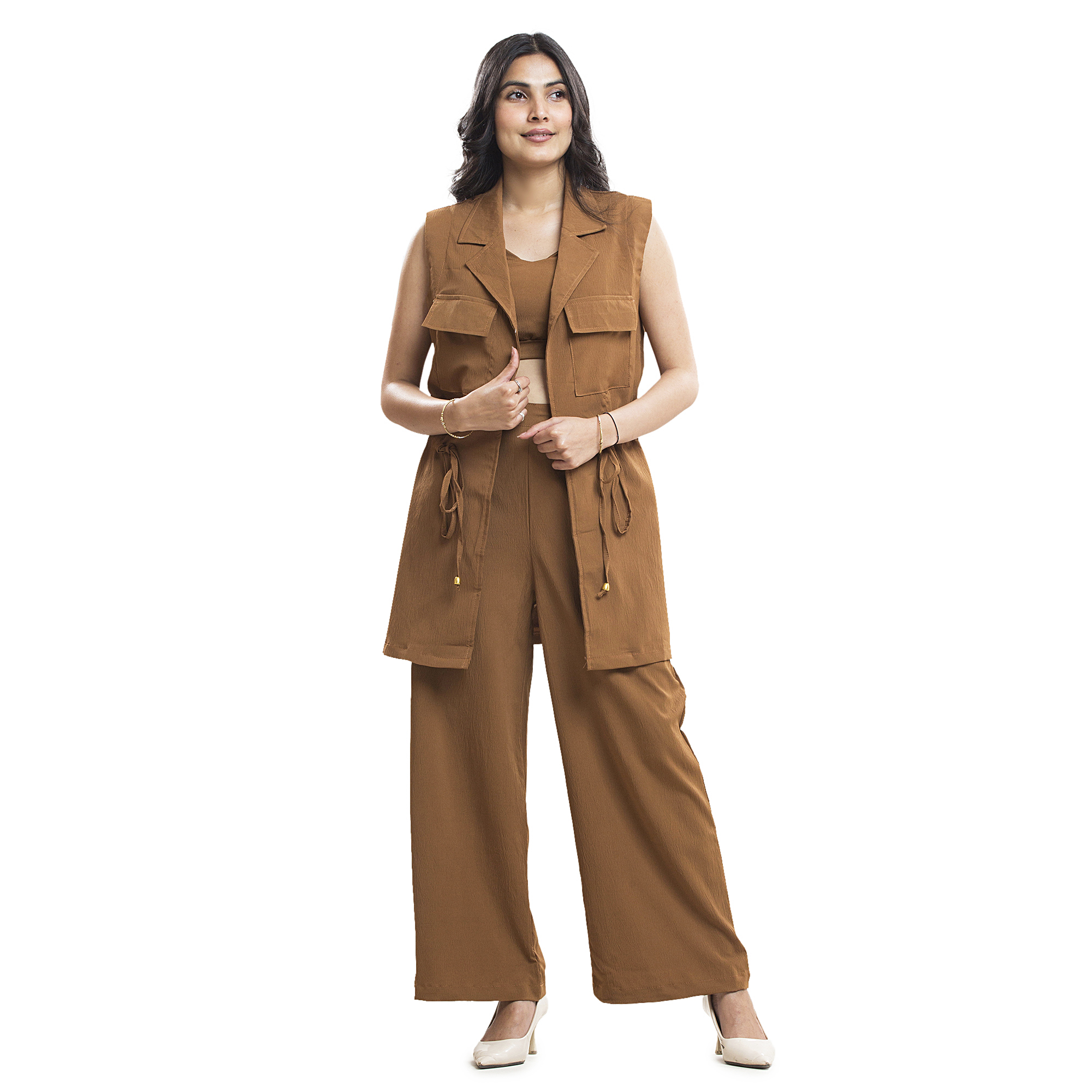 Women Co-Ord Set with Long Vest | Sleeveless Jacket & High Waist Wide Leg Pants Set for Women | Casual, Office Wear & Travel Outfit | Trendy Two Piece Outfit