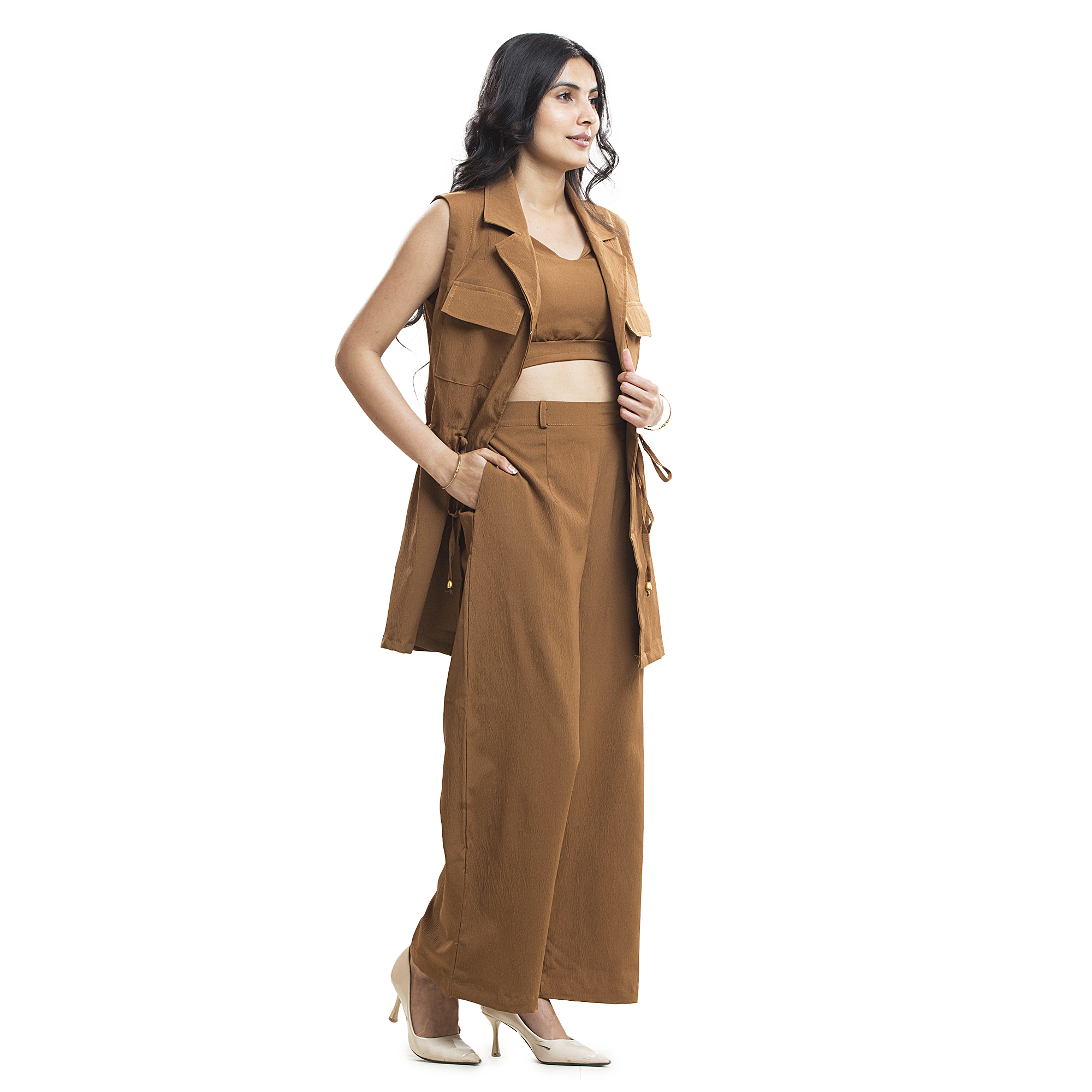 Women Co-Ord Set with Long Vest | Sleeveless Jacket & High Waist Wide Leg Pants Set for Women | Casual, Office Wear & Travel Outfit | Trendy Two Piece Outfit